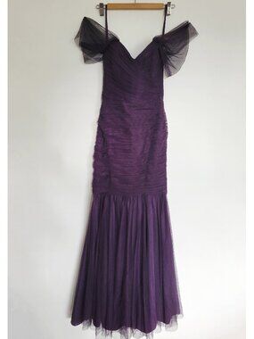 AMSALE Pleated Tulle Mermaid Purple Eggplant Whimsy Maxi Ball Gown Dress 4